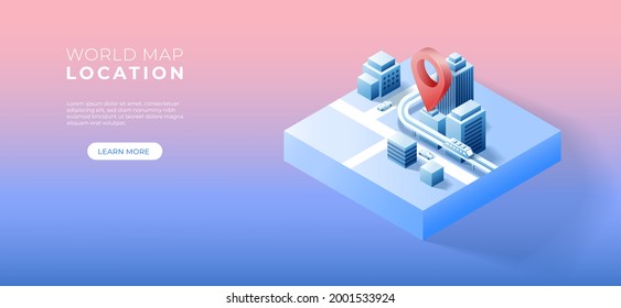 Navigator 3D isometric pin location checking on cityscape map background. Business locator position point. Vector art illustration