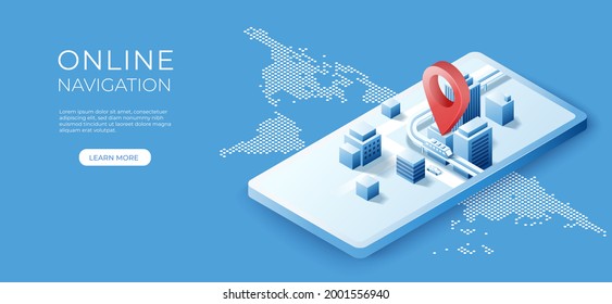 Navigator 3D isometric pin location checking on cityscape map background. Locator position point. with mobile phone application. Vector art illustration