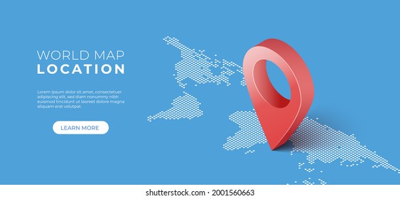 Navigator 3D isometric pin location checking on global world map background. Locator position point. Vector art illustration