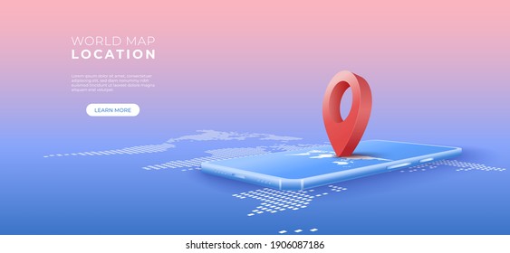 Navigator 3D Pin Location Checking On World Map Background. Locator Position Point With Mobile Phone. Vector Art Illustration
