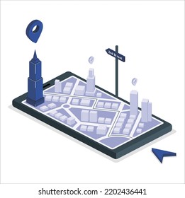 Navigator 3D pin location checking on city map background. Locator position point with mobile phone. city landmarks, streets, buildings. Vector art illustration. Clean infographic design template.