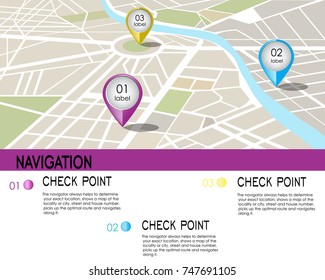 the navigator always helps to determine your exact location, shows a map of the locality or city, street and house number, picks up the optimal route and navigates along it, a map with labels, vector