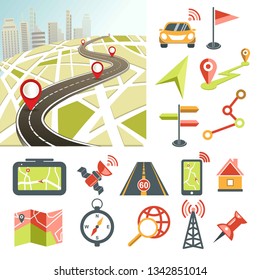 Navigator-App und Navigationskarte und Navigationssnavigationssymbol, Vektorauto- und Flaggenposition und Titel, Tablet- und SatellitenHighway-, Smartphone- und Timer-Internetverbindung