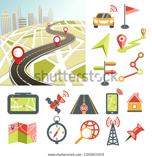 Navigator app and navigation map road and\
direction navigative symbols vector car and flag location and and\
track tablet and satellite highway and smartphone house and timer\
Internet connection