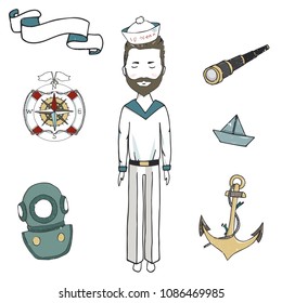 Navigator with a beard digital art a sailor capillary , junta, blond captain peakless cap, a sailor boatswain sailor submariner fair man, hipster men digital art shirt card on white background