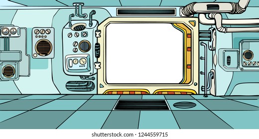 Navigator cabin of the spacecraft. Pop art retro vector illustration kitsch vintage