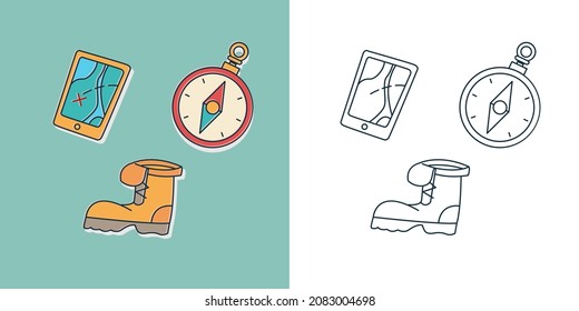 Navigator and compass, map and boots. Camping logo. Travel and trips symbol. Hiking element for print. Sticker, doodle pin, patch.