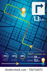 Navigator and dashboard in the mobile application indicate the route to the destination vector illustration flat
