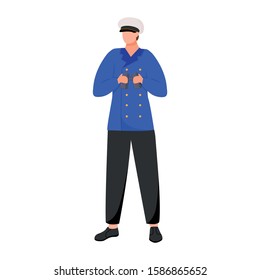 Navigator flat vector illustration. Seafarer on research or passenger fleet. Captain in work uniform. Sailor with binoculars isolated cartoon character on white background