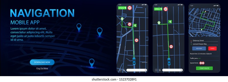 Navigator gps, mockups screens UI/UX/KIT mobile app. Thoughtful and simple application shows roads, speed limit, time. dark app pleasing to the eye in the dark. UI Flat design. Vector Navigator gps 