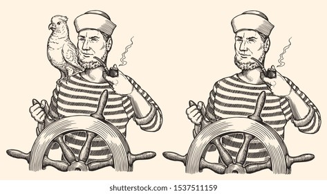 The navigator at the helm smokes a pipe with a parrot on his shoulder. Design set. Hand drawn engraving. Editable vector vintage illustration. Isolated on light background. 8 EPS 