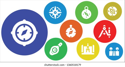 navigator icon set. 9 filled navigator icons.  Collection Of - Compass, Windrose, Street