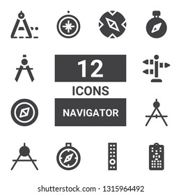 navigator icon set. Collection of 12 filled navigator icons included Remote control, Compass, Street