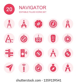 navigator icon set. Collection of 20 filled navigator icons included Compass, Remote control, Street, Navigator