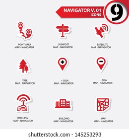 Navigator icons set 1,Red version,vector