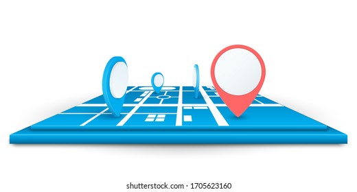 Navigator pin icon with bank circle frame checking map background. Locator position point. 3d perspective vector illustration