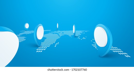 Navigator pin icon checking on world map background. Locator position point. 3d perspective vector illustration
