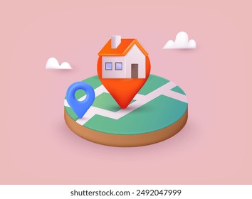 Navigator pin mock up with map. Find house or location concept. Gps navigation and travel location. 3D Web Vector Illustrations.