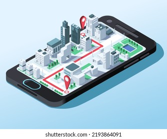 Navigator service application. 3d city map with isometric business center buildings. Taxi service digital technology. Location street point, red line route on screen smart phone. Vector illustration