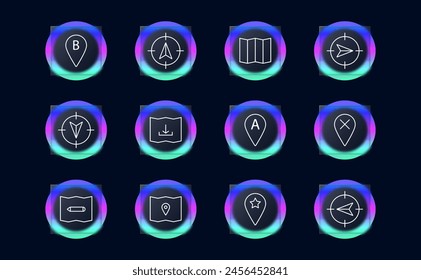 Navigator set icon. B, location, pointer, mark, pointer, tip, map, cross, A, up, down, left, right, asterisk, pencil, mark, map, chart, glassmorphism. Orientation in space concept.