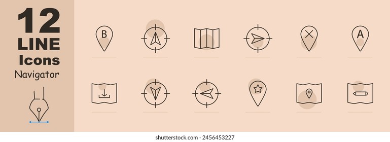 Navigator set icon. B, location, pointer, mark, pointer, tip, map, cross, A, up, down, left, right, asterisk, pencil, mark, map, chart. Orientation in space concept.