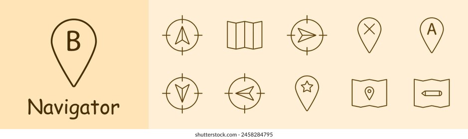 Navigator set icon. B, location, pointer, mark, pointer, tip, map, cross, A, up, down, left, right, asterisk, pencil, mark, map, chart. Orientation in space concept.