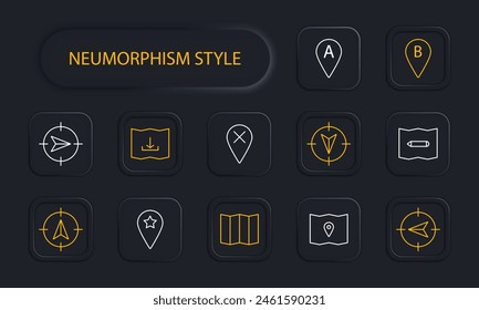 Navigator set icon. B, location, pointer, mark, pointer, tip, map, cross, A, up, down, left, right, asterisk, pencil, mark, map, chart, neomorphism. Orientation in space concept.