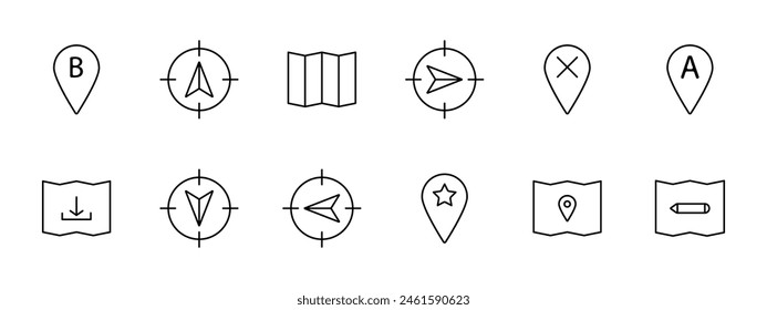 Navigator set icon. B, location, pointer, mark, pointer, tip, map, cross, A, up, down, left, right, asterisk, pencil, mark, map, chart. Orientation in space concept.