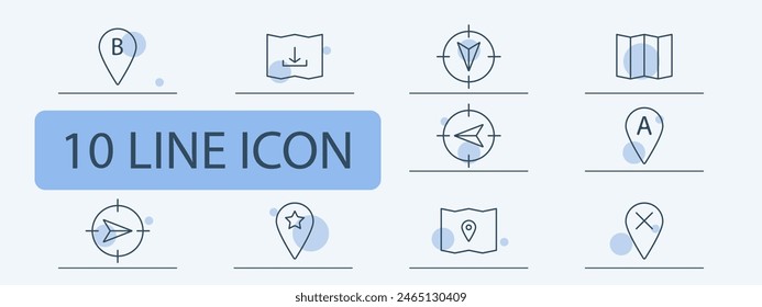 Navigator set icon. B, location, pointer, mark, pointer, tip, map, cross, A, up, down, left, right, asterisk, pencil, mark, map, chart. Orientation in space concept.