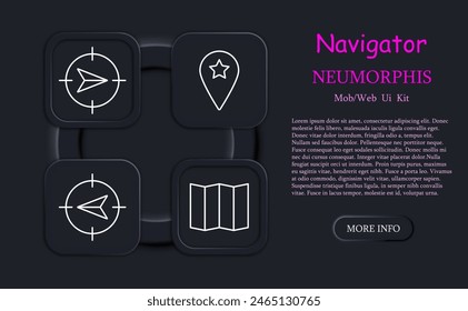 Navigator set icon. B, location, pointer, mark, pointer, tip, map, cross, A, up, down, left, right, asterisk, pencil, mark, map, neomorphism, chart. Orientation in space concept.