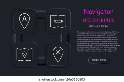 Navigator set icon. B, location, pointer, mark, pointer, tip, map, cross, A, up, down, left, right, asterisk, pencil, mark, map, neomorphism, chart. Orientation in space concept.