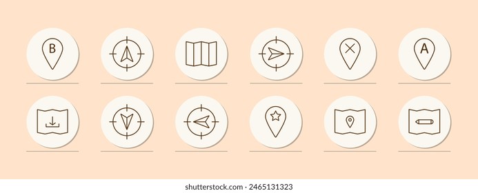 Navigator set icon. B, location, pointer, mark, pointer, tip, map, cross, A, up, down, left, right, asterisk, pencil, mark, map, chart. Orientation in space concept.