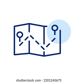 Navigator showing path between two pinpoints on a folded map. Pixel perfect, editable stroke line icon