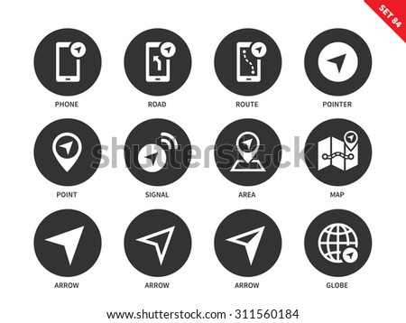 Navigator vector icons set. Direction and route concept. Equipment for navigation, phone, signal, pointer, map, gps, arrows and globe. Isolated on white background
