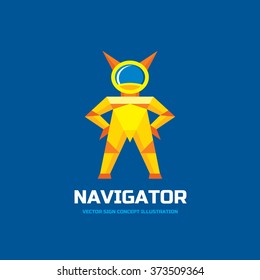 Navigator - vector logo concept template illustration in flat style design. Astronaut cartoon sign. Cosmonaut icon. Alien in space suit in cartoon. 