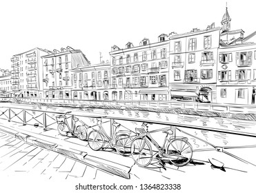 Naviglio Grande. Milan. Italy. Hand drawn sketch. Vector illustration.