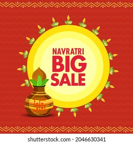 Navratri Big Sale Poster Design With Worship Plate (Kalash), Lit Oil Lamps (Diya) On Yellow And Red Background.