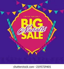 Navratri Big Sale Poster Design With Dandiya Sticks, Bunting Flags On Dark Pink And Violet Silhouette People Background.