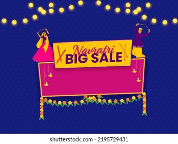 Navratri Big Sale Poster Design With Indian Couple Holding Dandiya Sticks, Toran And Lighting Garland Decorated On Blue Background.