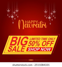 Navratri Big Sale Red background 50 percent OFF diya lamps hanging limited time offer