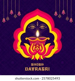 Navratri Celebration, Design for Navratri Festival with Goddess Face , diya and Pattern with ornaments.