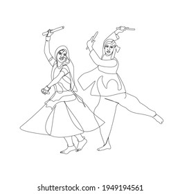 Navratri Couple Dancing With Dandiya Continuous One Line Drawing.