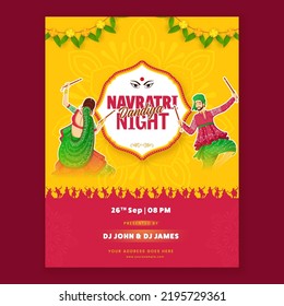 Navratri Dandiya Nights Party Invitation Card With Indian Couple Playing Dandiya In Sticker Style And Event Details. svg