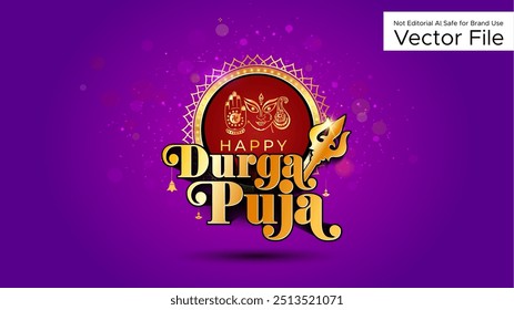 Navratri durga puja icon symbol logo design on festive violet background. Indian traditional golden vintage, retro light, lantern, sparkle background.