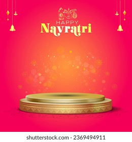 Navratri festival background. Poster design with Happy Navratri text, Golden 3d podium, stage and Goddess Durga.