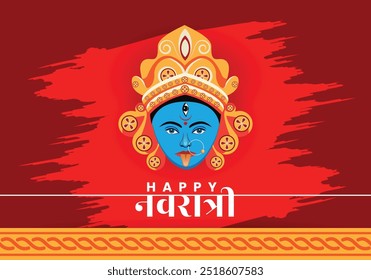 Navratri Festival Greeting Poster Featuring Goddess Kali with Blue Face on Red Background