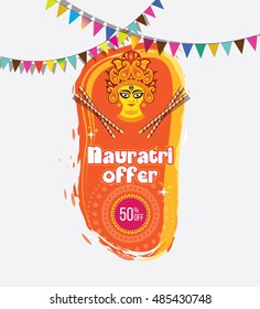 Navratri Festival Offer Template with 50% Discount - Happy Navratri Festival Banner with Goddess Durga Face Illustration