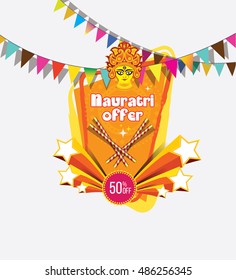 Navratri Festival Offer Template with 50% Discount - Happy Navratri Festival Paper Banner Design with Goddess Durga Face Illustration