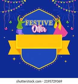 Navratri Festival Sale Poster Design With Indian Young Couple Holding Dandiya Sticks, Lit Oil Lamps (Diya) Hang, Bunting Flags And Blank Ribbon On Blue Background.