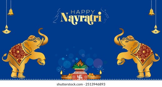 Navratri festive background with Kalash Sthapana and dandiya dance for Goddess Durga puja. Indian festival decoration theme celebration background and elephant design.